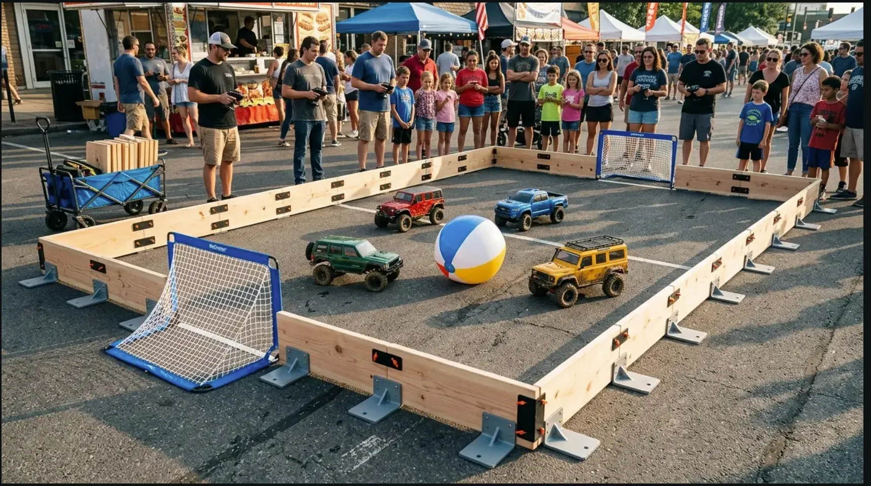 The RC soccer arena set up at a street fair — six 1/10-scale trucks around an oversized ball, drivers on the controllers, a crowd standing at the walls.