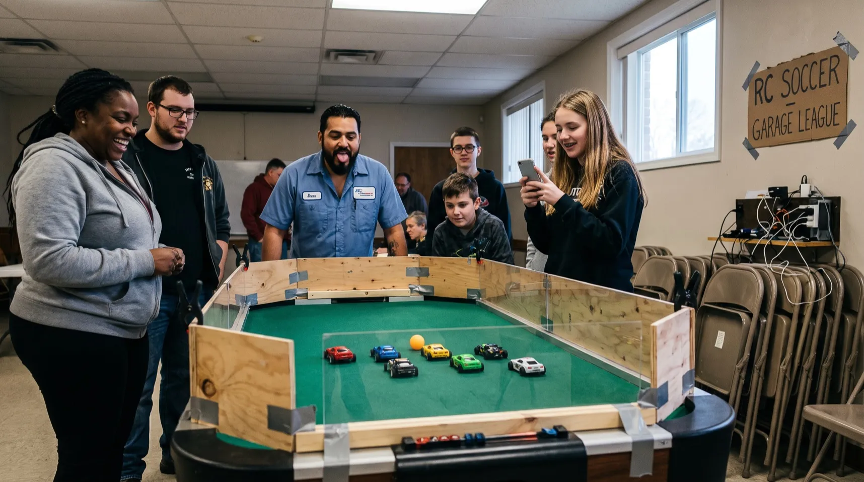 Mini RC soccer set up on a modded air hockey table indoors — six nano cars on green felt inside plywood and acrylic walls, with a mixed crowd of adults and kids leaning over the rails on all four sides.
