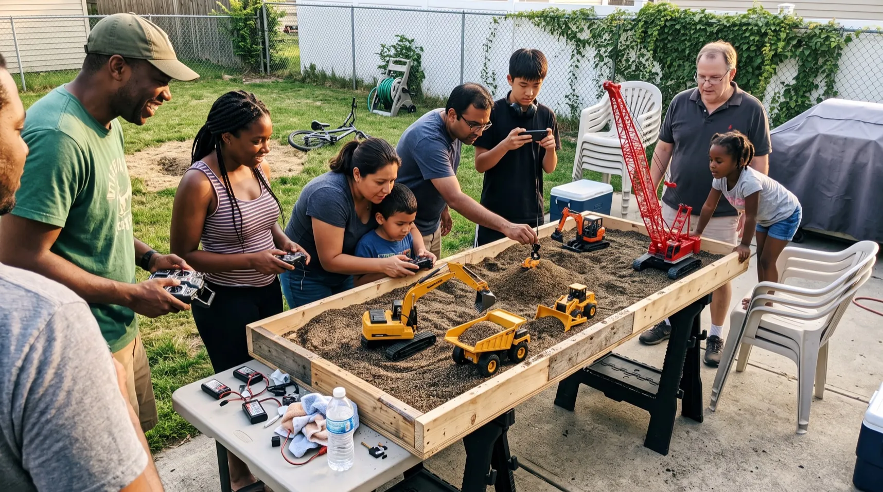 The RC construction yard set up on a backyard patio — a plywood tray of fine seed-grain scale dirt on sawhorses, with a tracked excavator, a dump truck, a wheel loader, an orange mini digger, and a red lattice crane working it, and a mixed crowd of adults and kids crowded around on the controls.