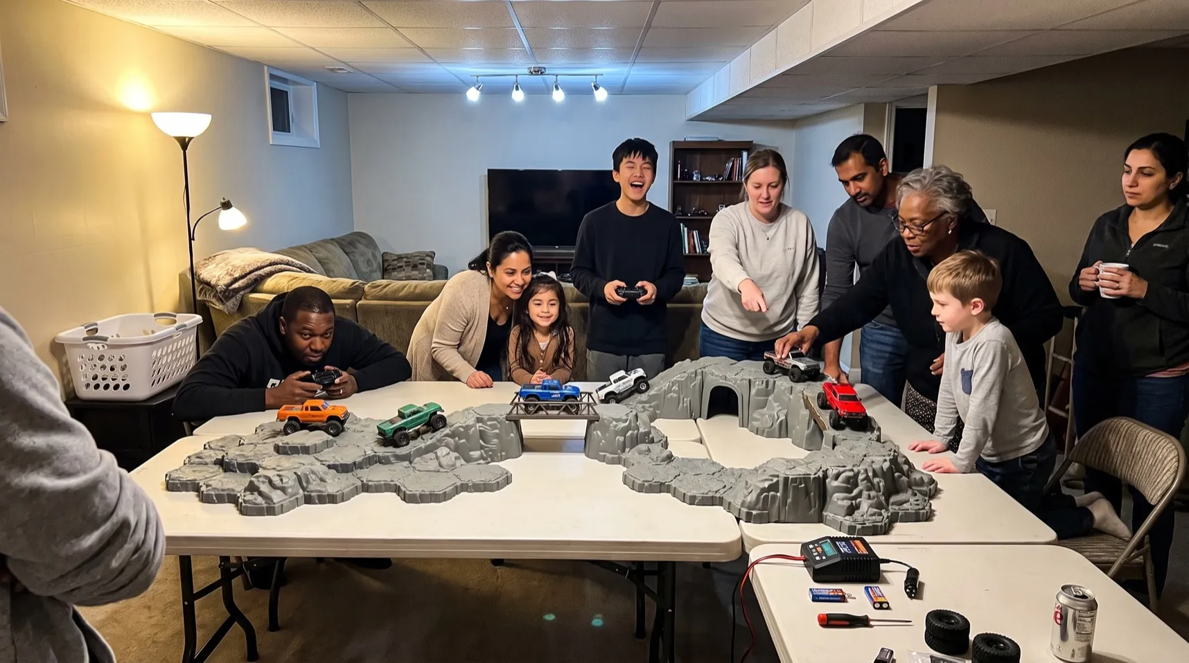 The 1/24 crawler course built from modular molded terrain blocks on folding tables in a basement rec room — five hand-sized SCX24 crawlers on the climbs, a tunnel and a bridge span, and a mixed crowd of adults and kids leaning in on the controllers.